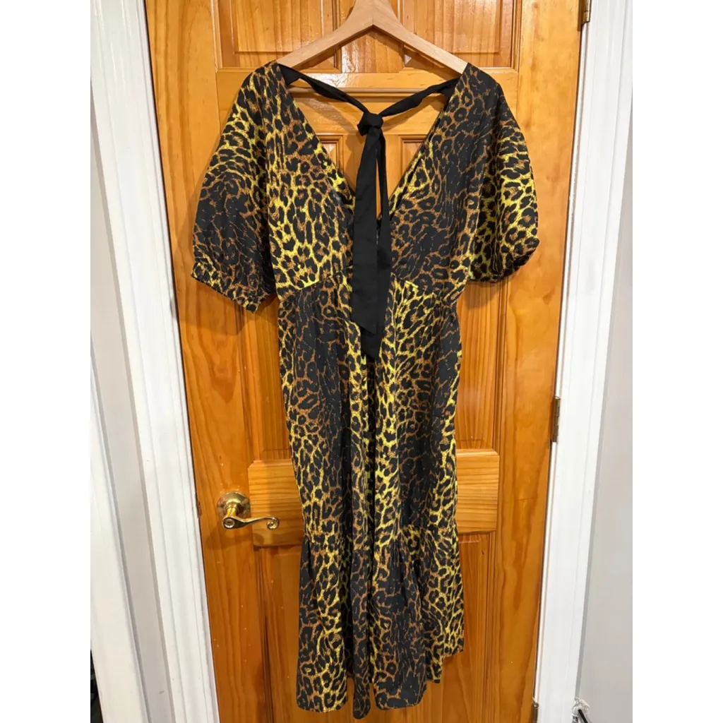 Topshop Puff Sleeve Leopard Print Midi Dress Tie Back Fit Flare Boho US 4 - Image 2