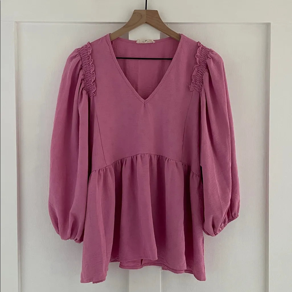 ENTRO V-Neck 3/4 Puff Sleeve Babydoll Peplum Ruffle Top Blouse Barbiecore Size M - Image 2