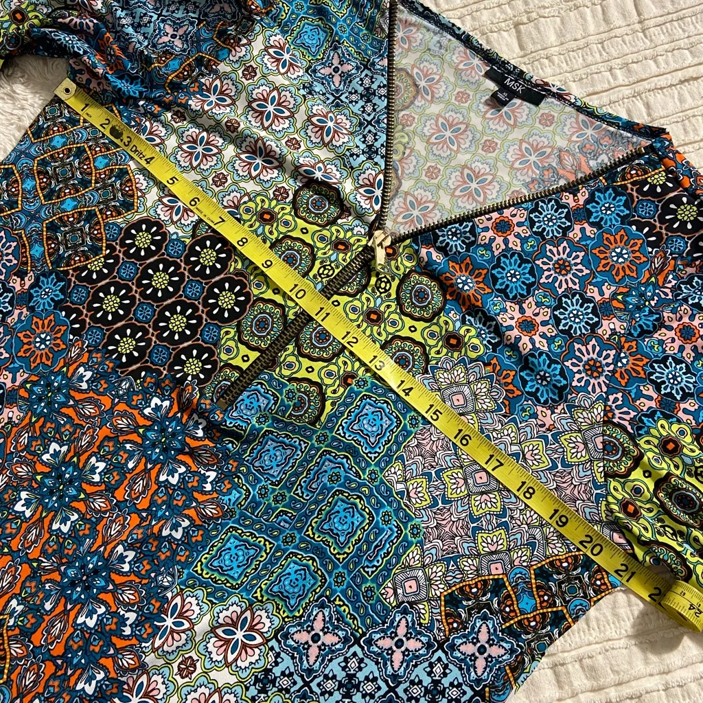 MSK Multicolor Mixed Print Shift Dress Midi Length Long Sleeve XL Blue - Image 9