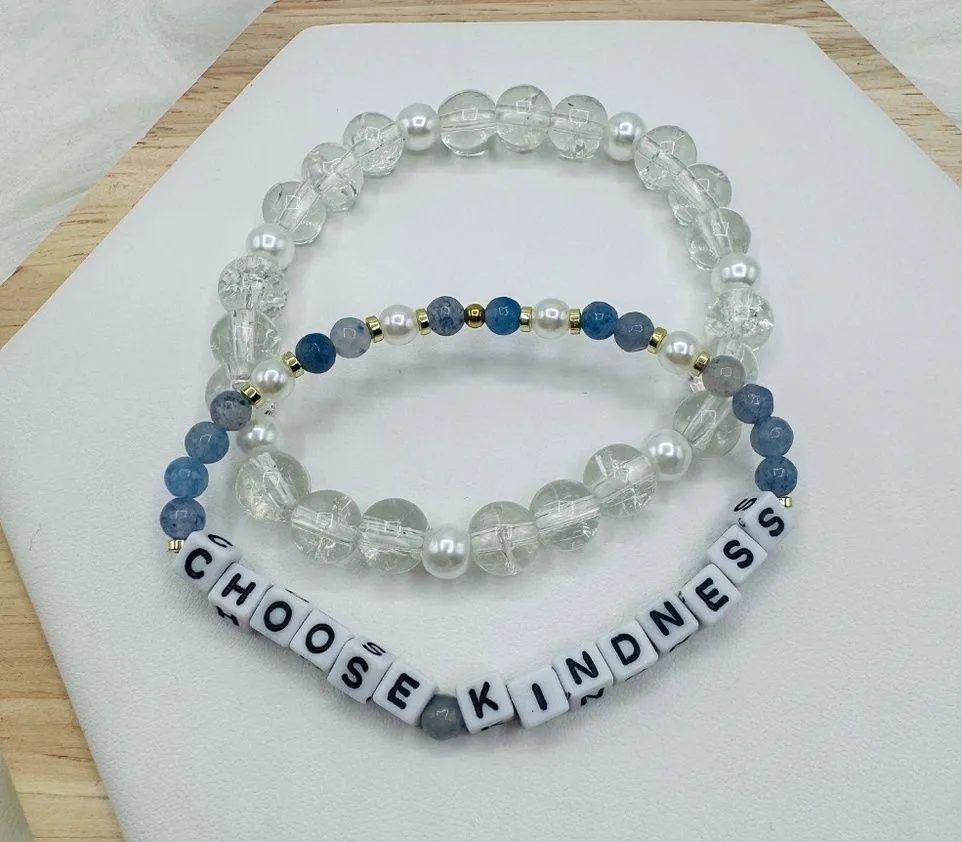 Choose Kindness Clear & Blue Beaded Bracelets White - Image 3