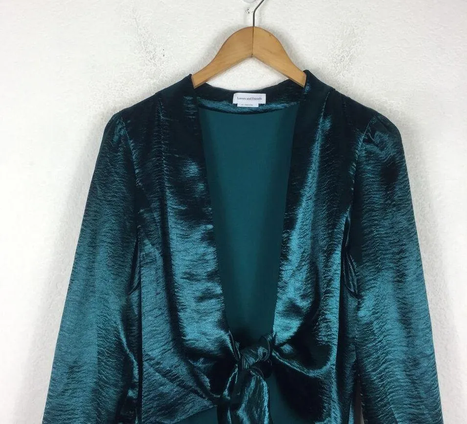 Lovers + Friends Kendall Green Satin Jumpsuit Medium Tie Front Long Sleeve - Image 4