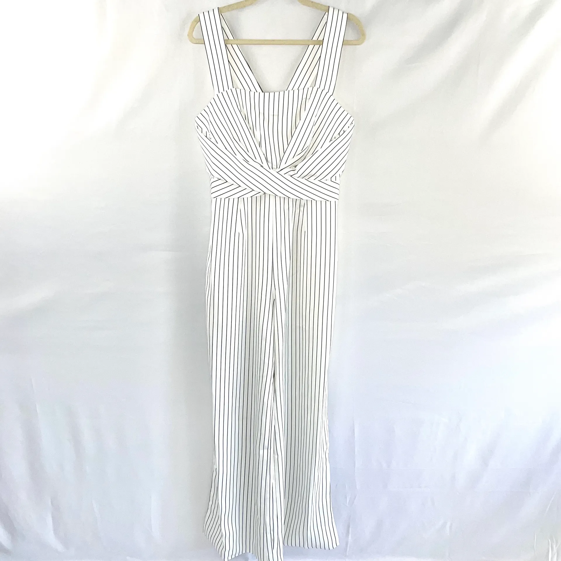 New  Striped Criss Cross Bodice Slit Hem Flared Leg Jumpsuit White Black - Image 3