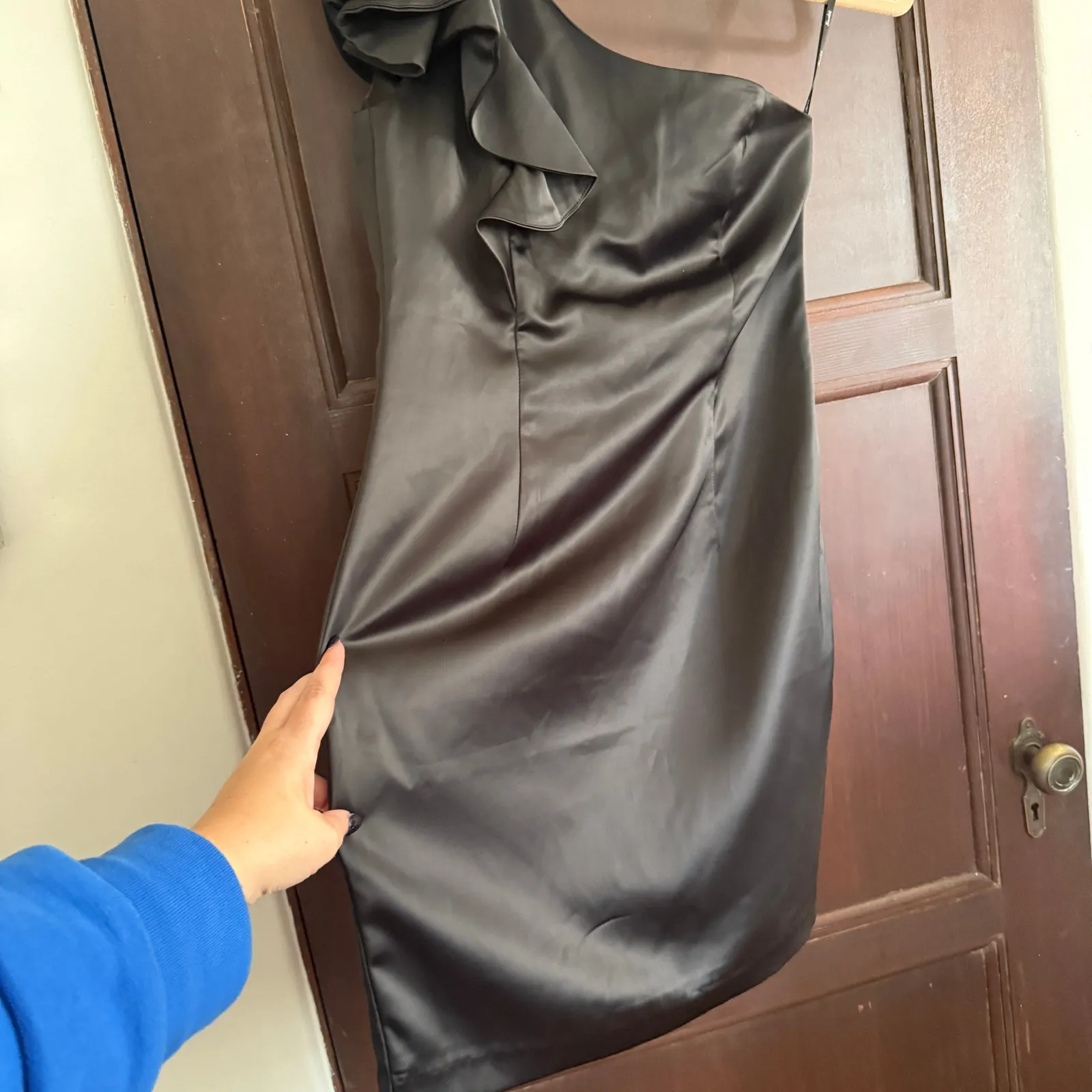 BARDOT | Black Satin One Shoulder Ruffle Sleeve Mini Cocktail Dress LBD | Size 6 - Image 7