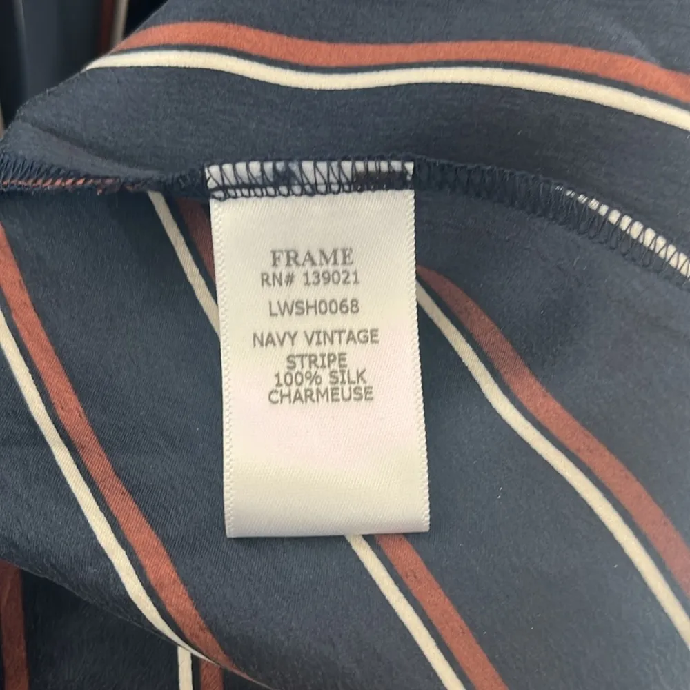 Frame 100% Silk Navy Vintage Stripe Long Sleeve Button Up Midi Dress - Image 6