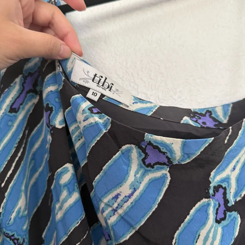 Tibi Silk One Sleeve Dress Blue Black 10 - Image 3