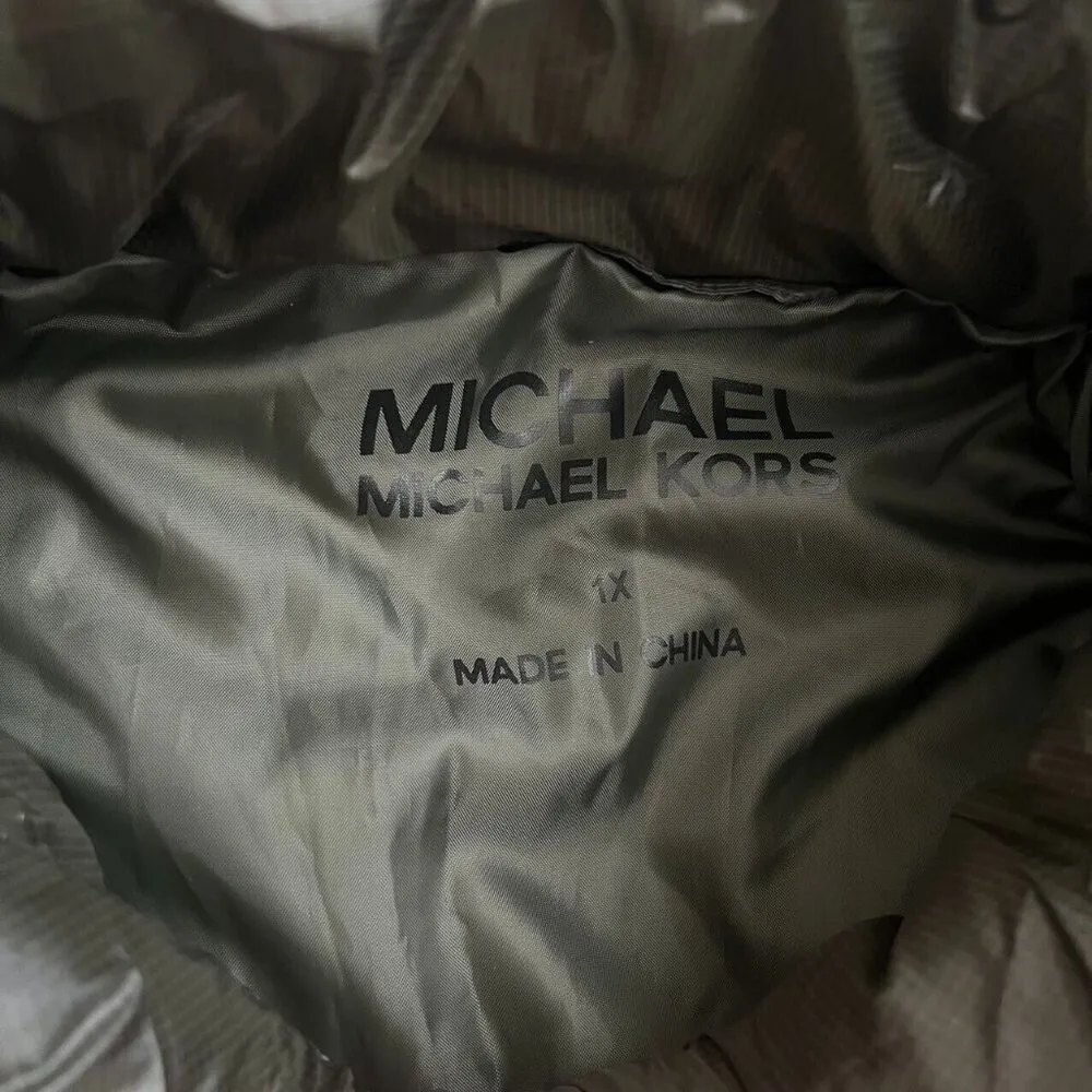 NWT Michael Kors Quilted Women Long Puffer Coat w/ Fur Hoodie Olive Size 1X - Image 7