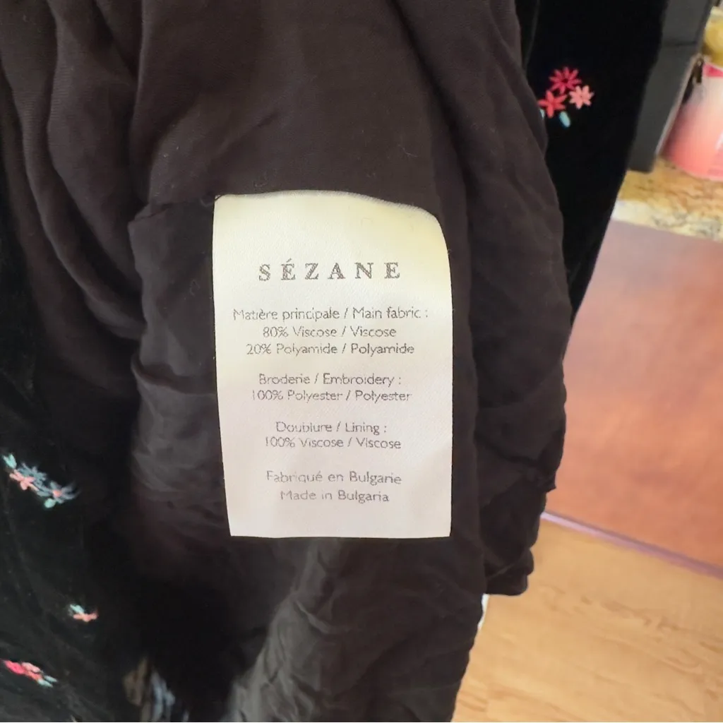 Sézane Candace Black Velvet Floral Embroidered Shift Dress‎ US 4 - Image 7