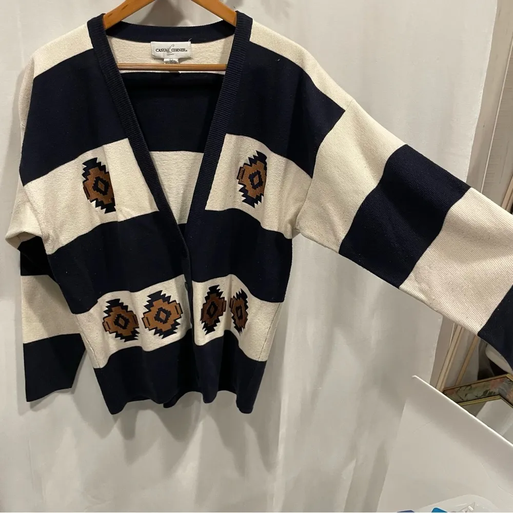 Vintage 80’s varsity stripe aztec embroidery oversized cardigan chunky funky Blue Size L - Image 5