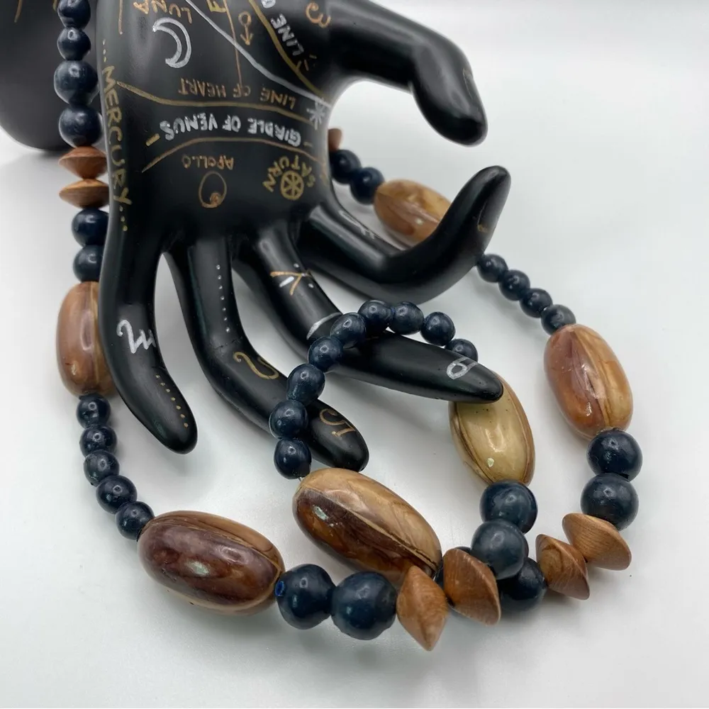 Vintage Bohemian Brown Wooden Disc With Blue And Brown Beaded Necklace - Image 2