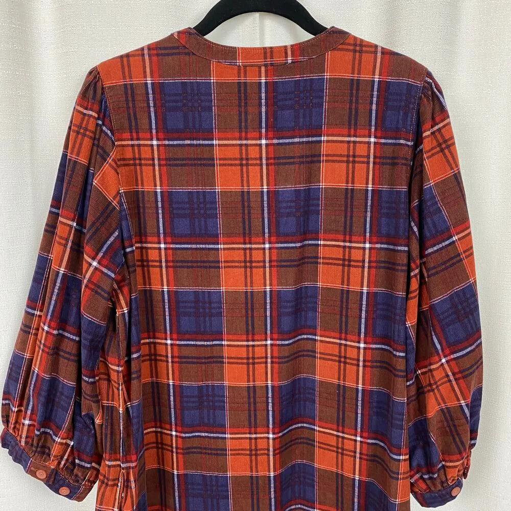 Garnet Hill Brown Plaid Corduroy Puff Sleeve Shift Mini Dress Sz.M - Image 11
