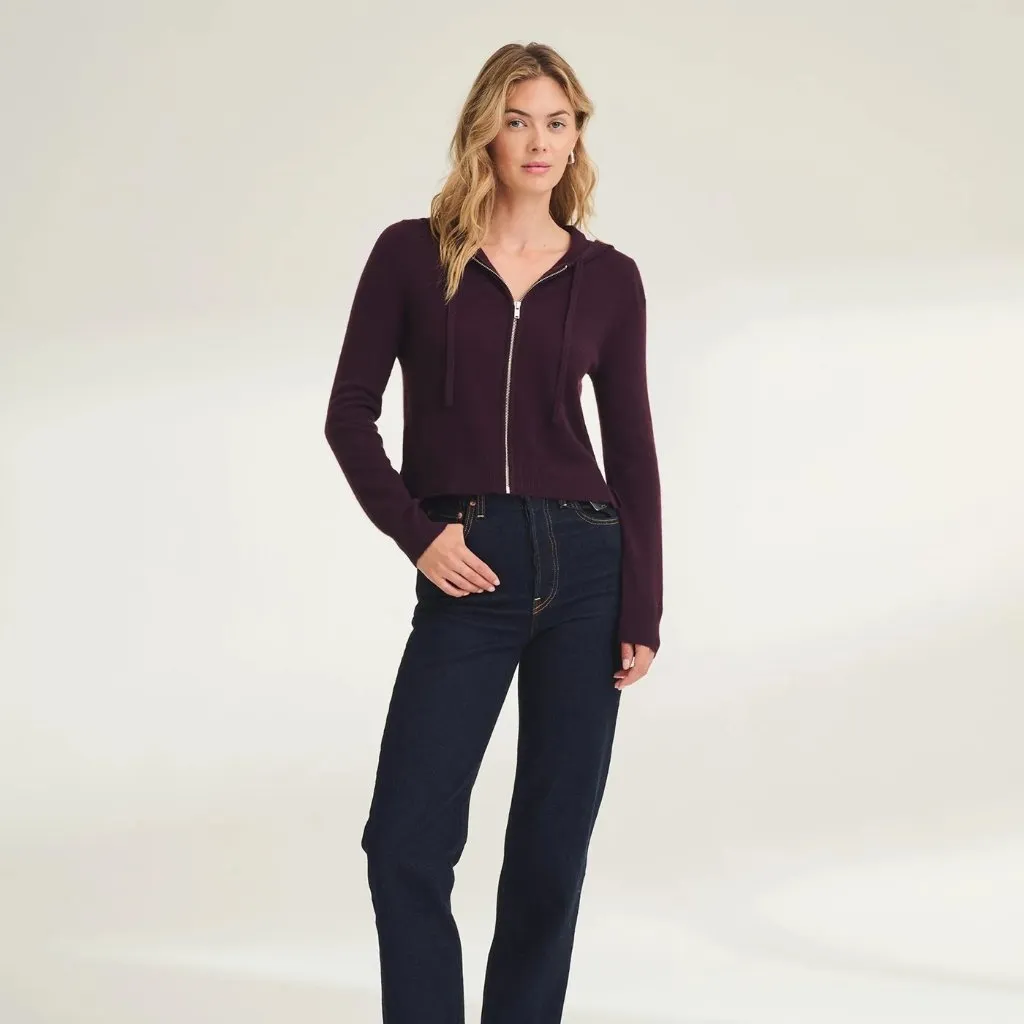 Naadam Signature Cashmere Cropped Zip Up Hoodie in Wine, Size Small - Image 3