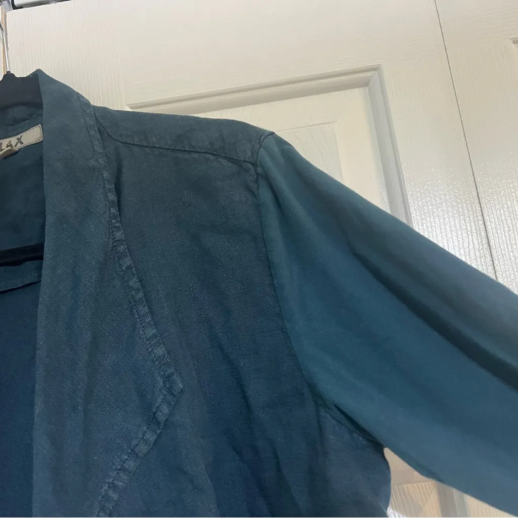 Flax Open Front Blue Dark Teal Cardigan Top Jacket Linen Size Medium Drapey - Image 4