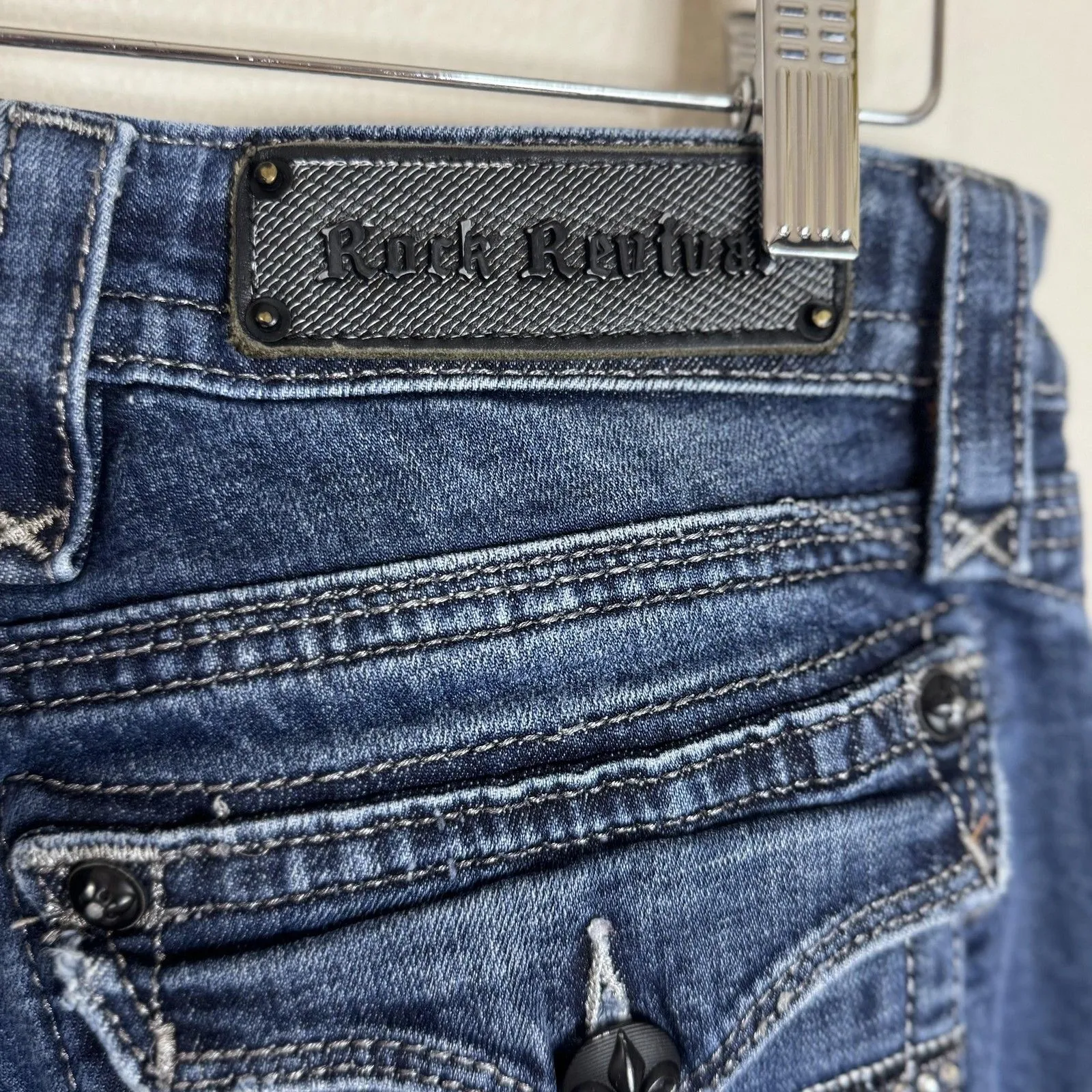 Rock Revival Sara Boot Jeans Womens 29 Blue Dark Wash Embellished Bootcut Flap - Image 11