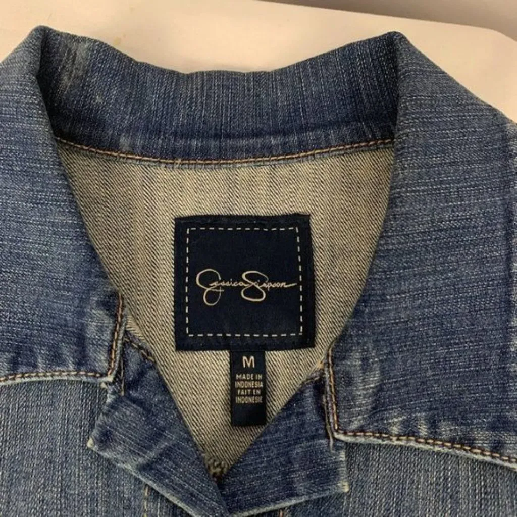 Jessica Simpson  Womens Denim Jacket Medium Button Front Classic Blue Wash - Image 3