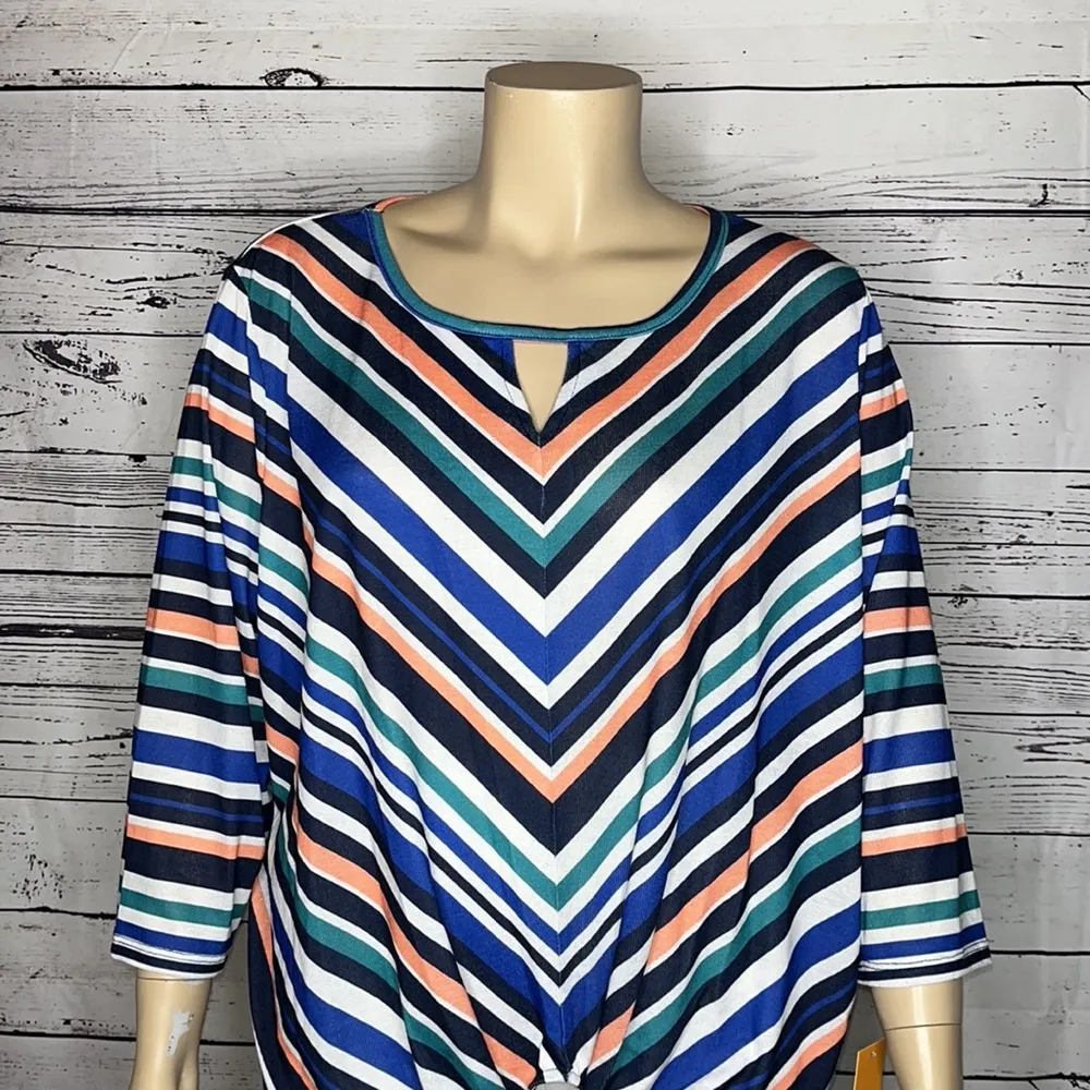 Ruby Rd. Woman NWT Size 3X Blue Stripe Keyhole Tie Hemline Knit Top Blouse - Image 2