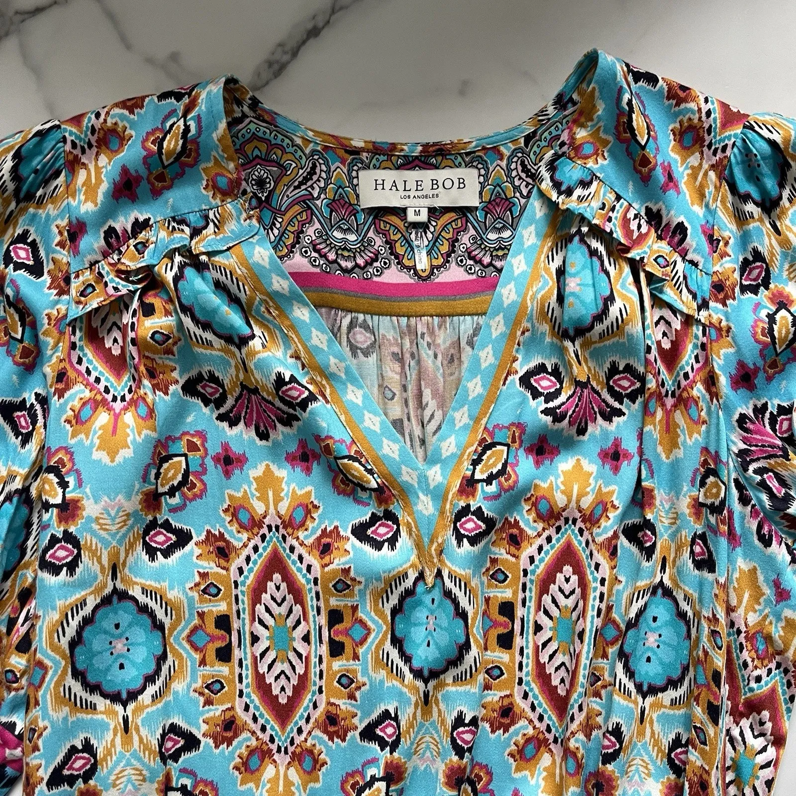 Hale Bob Oona mini Dress Turquoise blue Size M Boho chic Western Festival tunic - Image 6