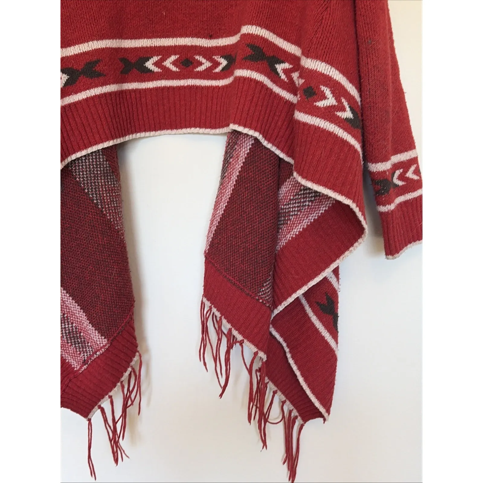 Tea n Rose Red Aztec Southwestern Fringe Wool Blend Open Cardigan Sweater Small - Image 9