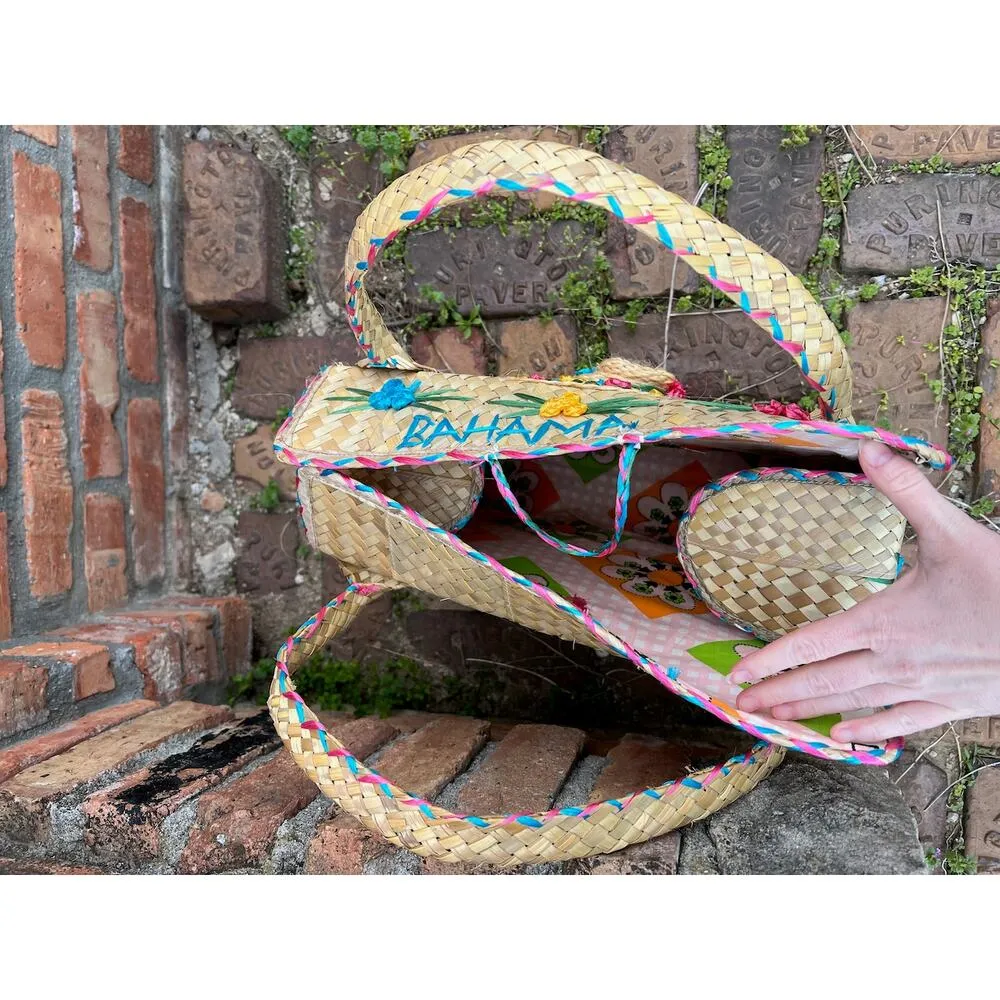 raffia straw suitcase shoulder bag floral blue pink yellow - Image 12
