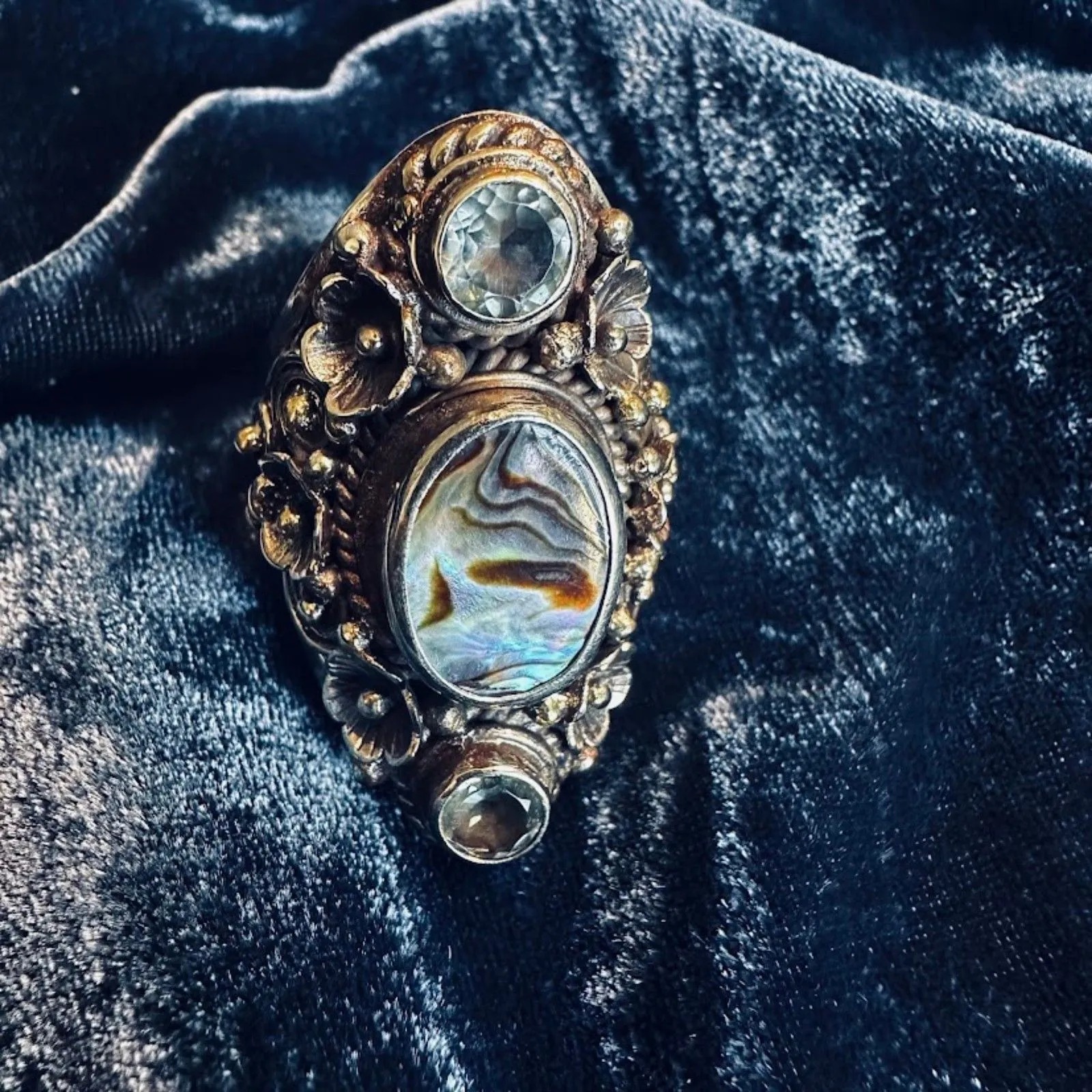 Tibetan Silver Ring with Abalone and Blue Stones Extra Large Adjustable - Image 4