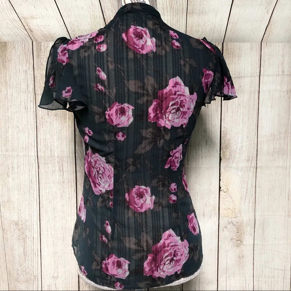 Casual Comfy Purple Floral Sheer Ruffle XS Blouse - Image 2