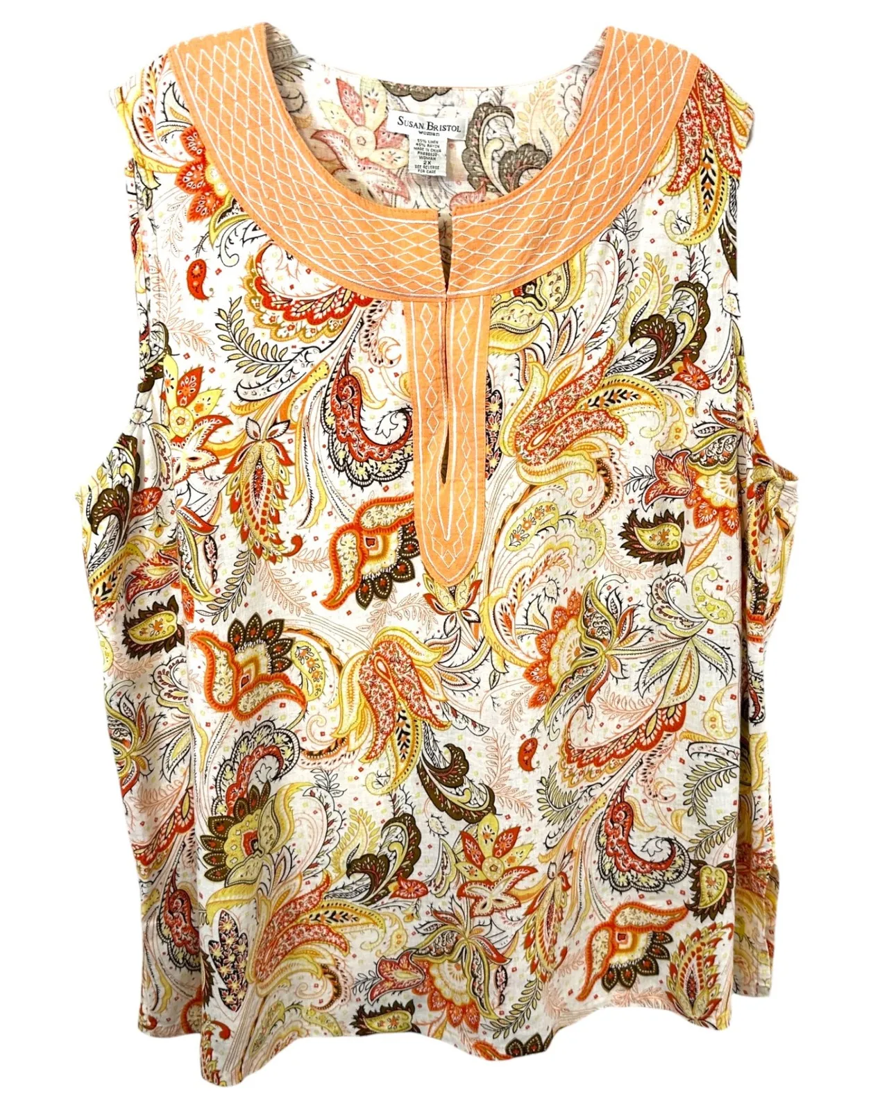 Susan Bristol Plus Size 2X Top Linen Paisley Embroidered Tunic Peach Boho 1768 - Image 1