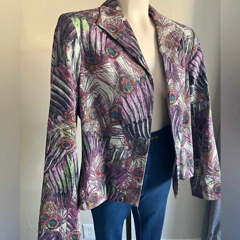 Harvé Benard vintage Peacock Feather Print Blazer Jacket Retro Boho Fall Style Purple Size 12 - Image 11