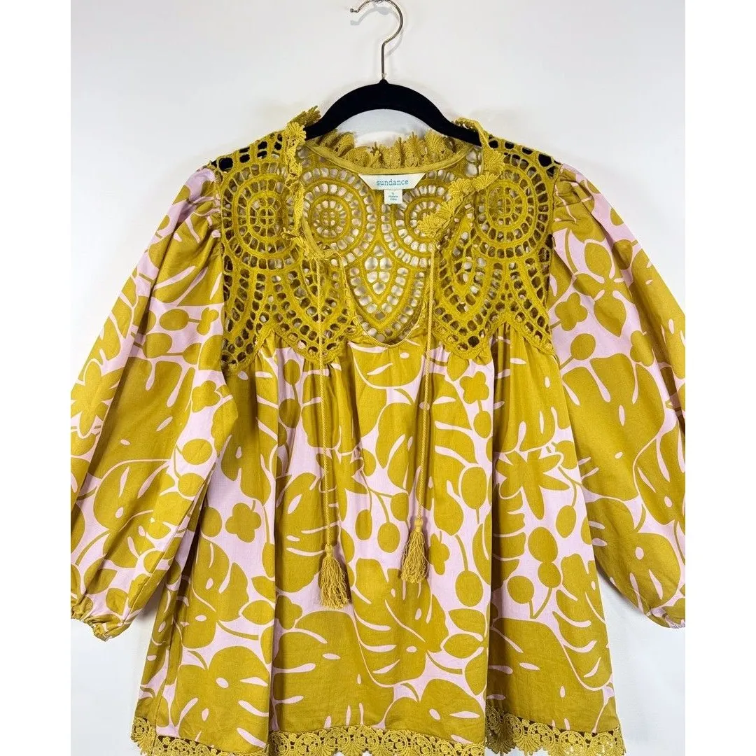 Sundance Womens Top Yellow Harmonia Crochet V Neck Tasseled Blouse Boho Small - Image 7
