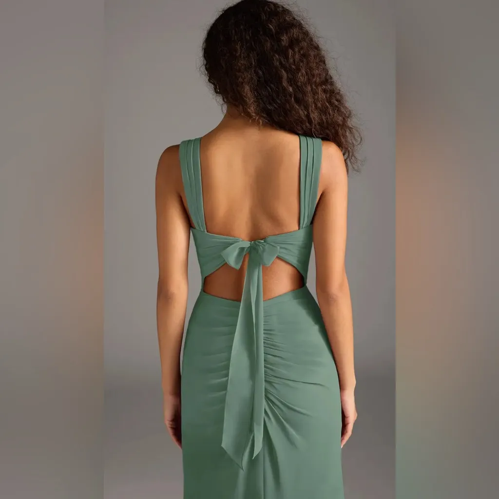 Azazie Sheath Bow Chiffon Dress | Sz A2 | Straight Neckline | ruched body - Image 2