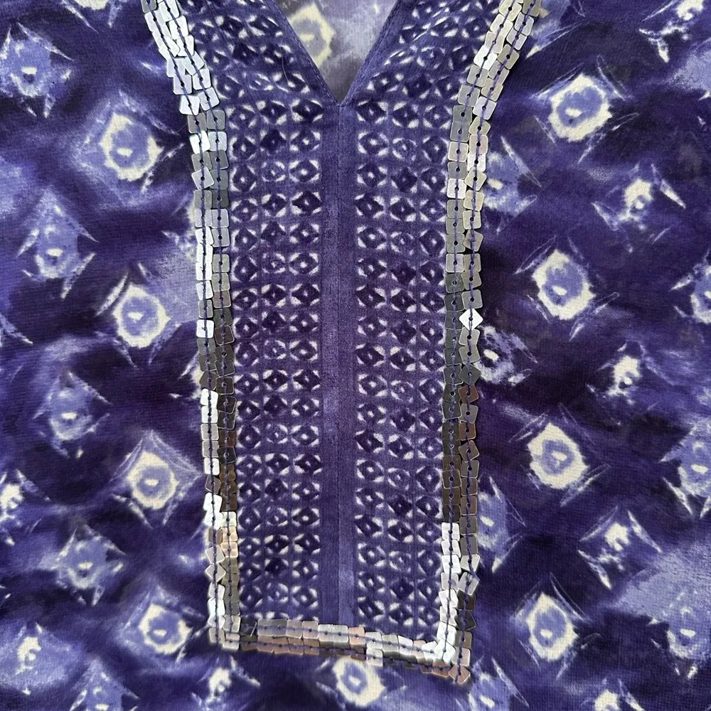 Chicos Chiffon Sheer Tunic Top Blue Sequin Trim Neckline Side Slits - Image 3