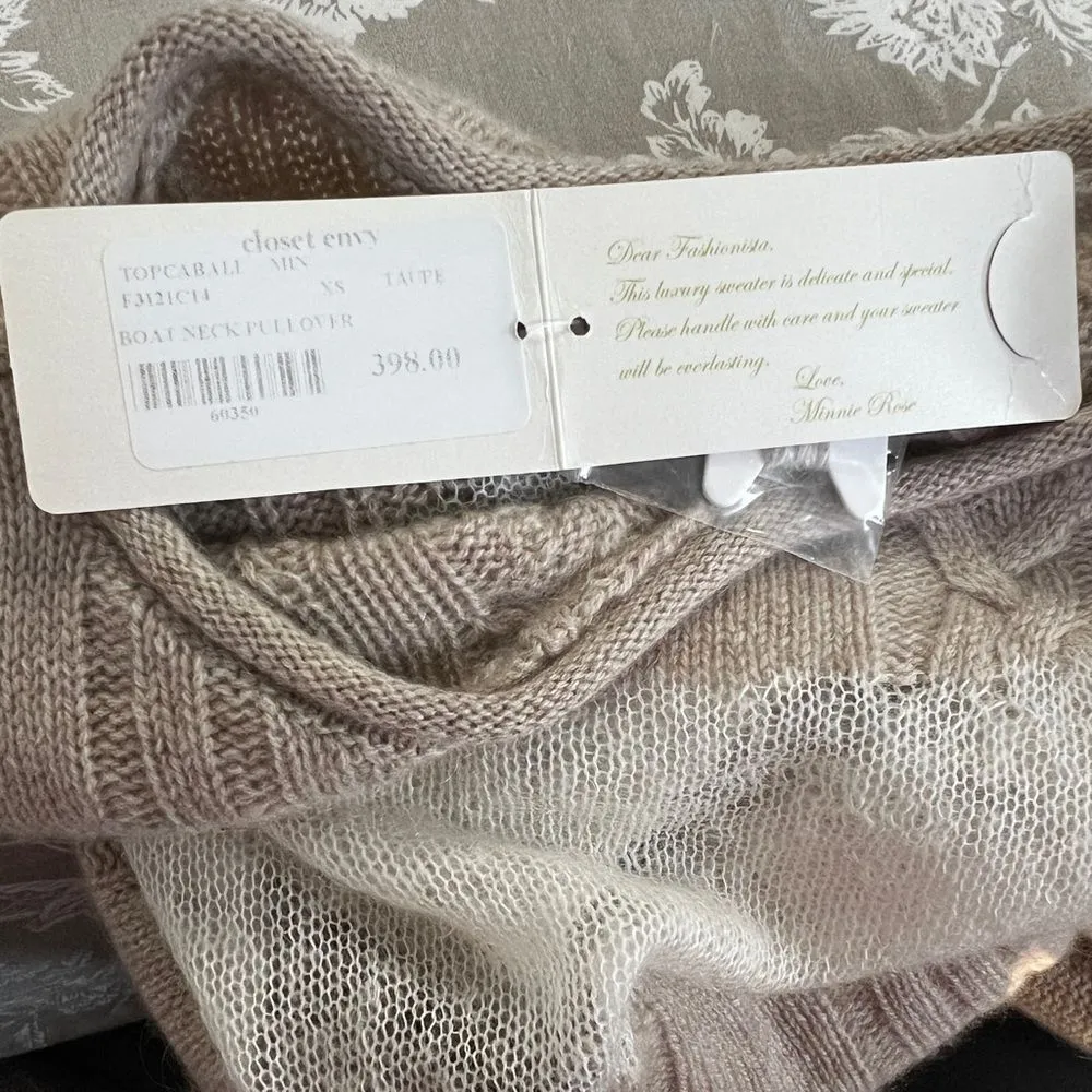 NEW Minnie Rose Cashmere Mohair Striped Cable Knit Boat Neck Sweater XS Tan - Image 8