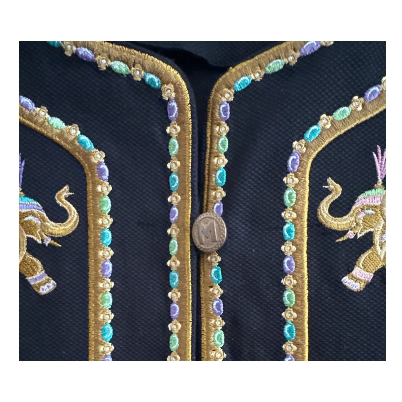 Bob Mackie wearable art black coat embroidered Elephants gold logo buttons large - Image 16