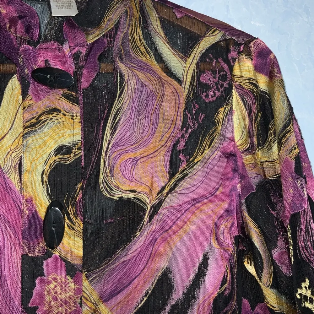 Draper’s & Damon’s Wine & Black Sheer Contemporary Groovy Retro Button Blouse S - Image 6