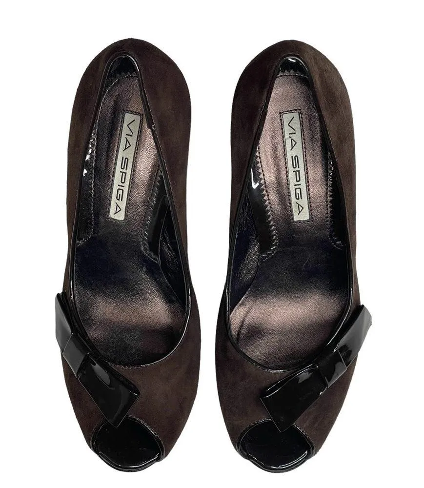 new Via Spiga ❁ Peep Toe Stiletto Heels Pumps ❁ Chocolate Suede + Patent Leather - Image 9