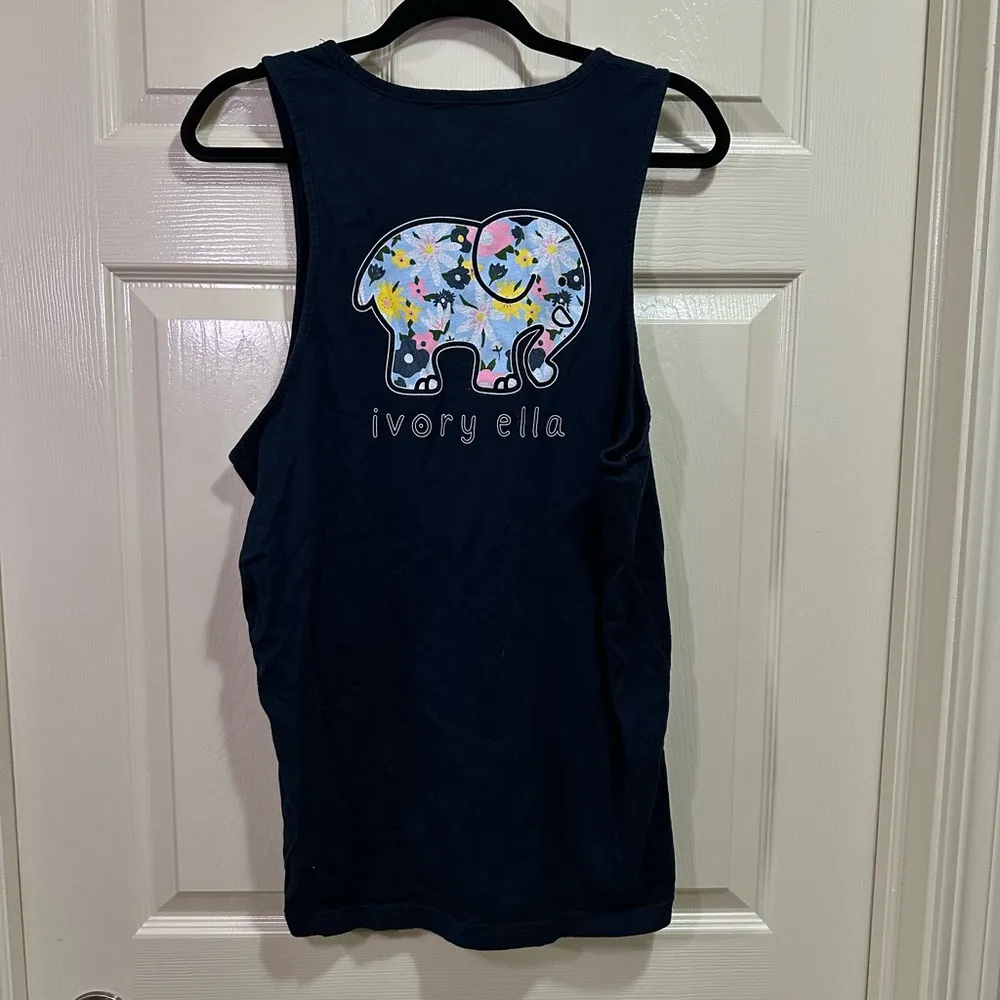 Ivory Ella Tank Top Shirt Size Large Navy Blue Pink Floral Elephant Summer - Image 4