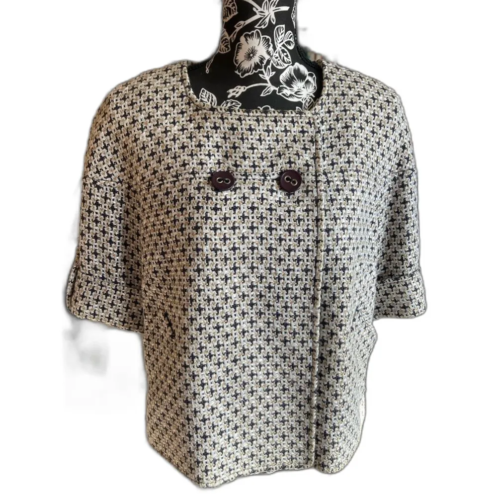 Ellen Tracy Cotton Blend Black/White/Tan Short Sleeve Silk Lined Blazer Size 6 - Image 5