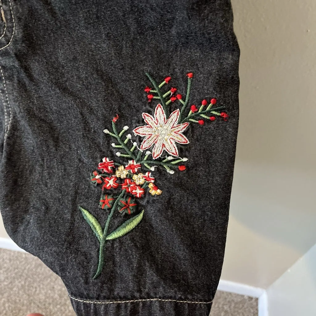 Vtg Denim Overall Shorts Black‎ Grey Embroidered Y2K Kid Core Grunge Goth 90s - Image 4