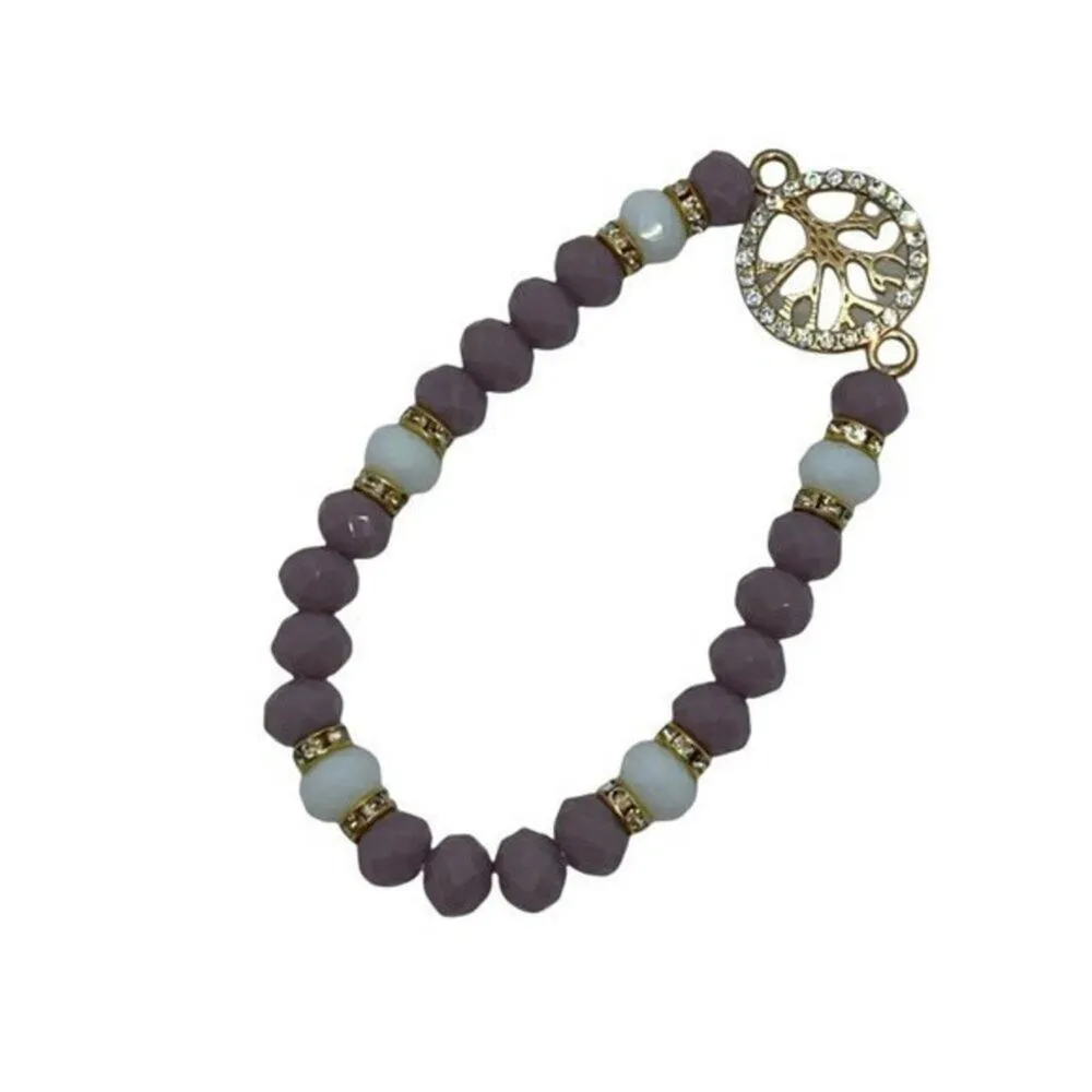 Purple & White Beaded Gold-Tone Tree of Life Pendant Rhinestone Stretch Bracelet - Image 8