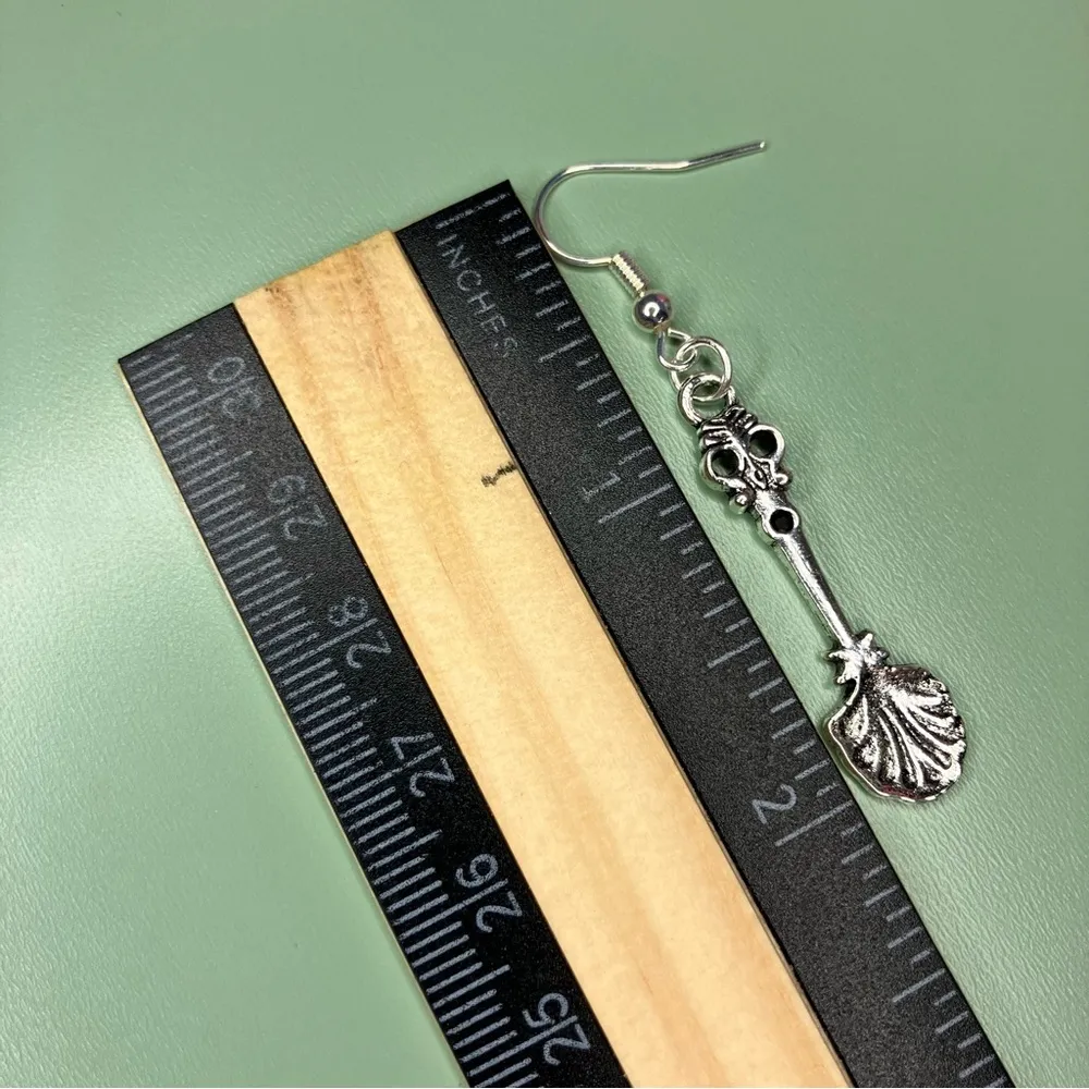 Silver Tone Shell Spoon Dangle Charm Earrings - Image 3