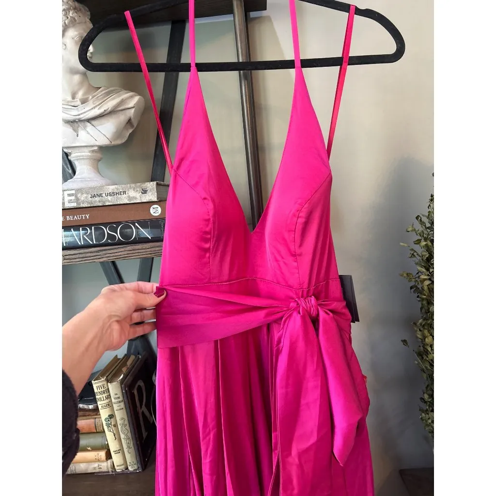 Ieena Mac Duggal Charmeuse Halter Strap Soft Tie Waist Gown Magenta Womens Size - Image 4