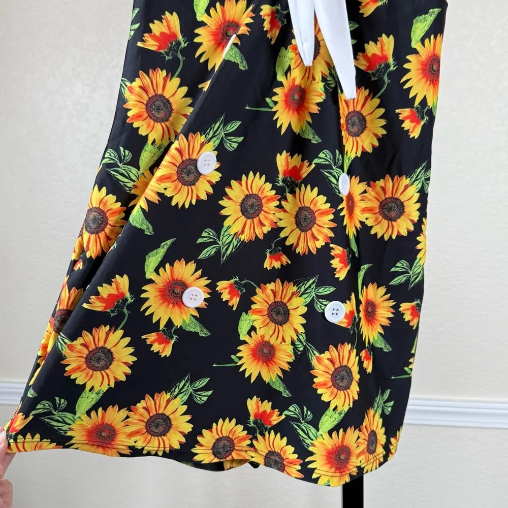 Retro Floral One Piece Swimsuit Halter Skirted Boyshort Pin Up Swimsuit XL Black Orange - Image 11