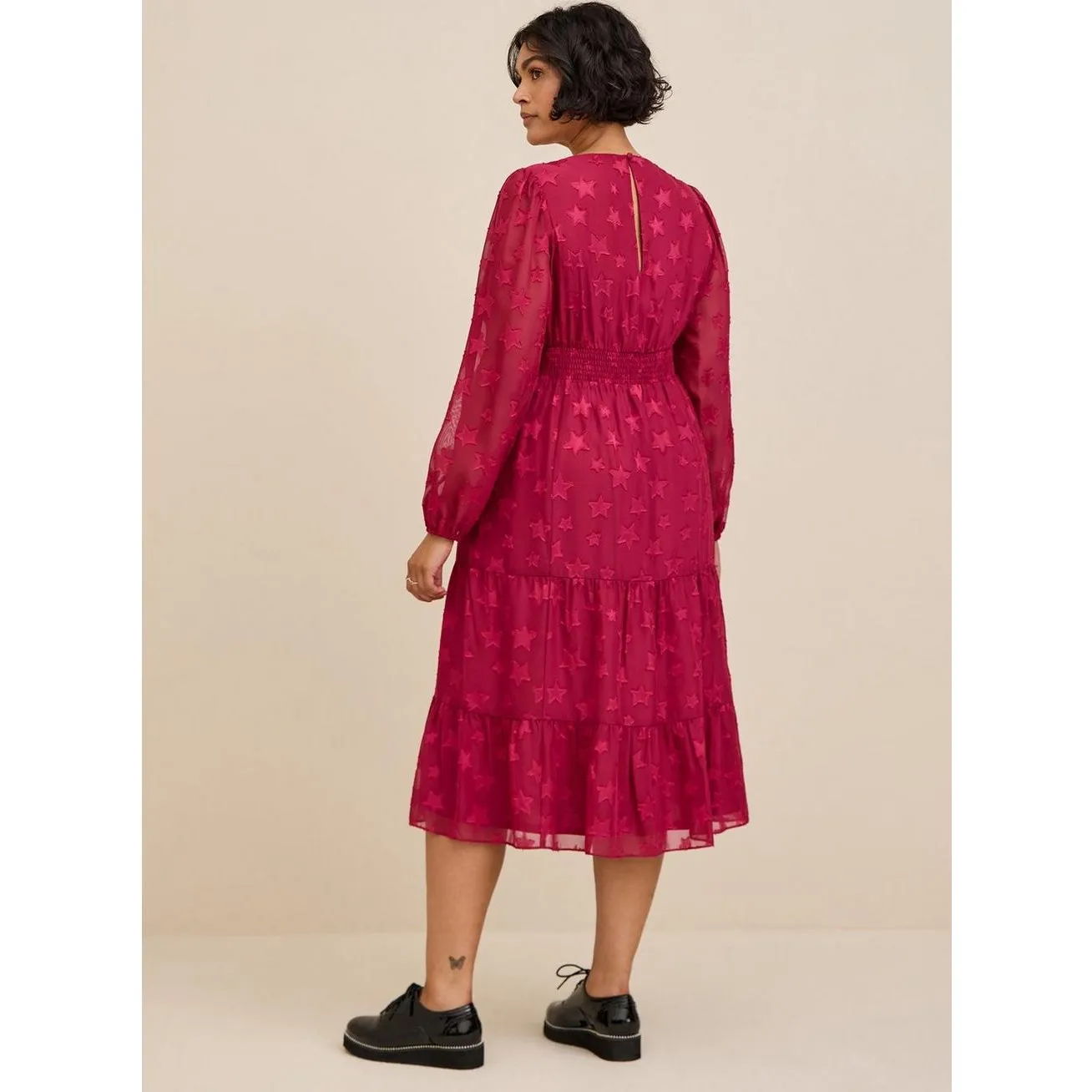 Torrid Midi Clip Dot Chiffon Tiered Dress Scoop Neck Burgundy Size 00 NWT - Image 13