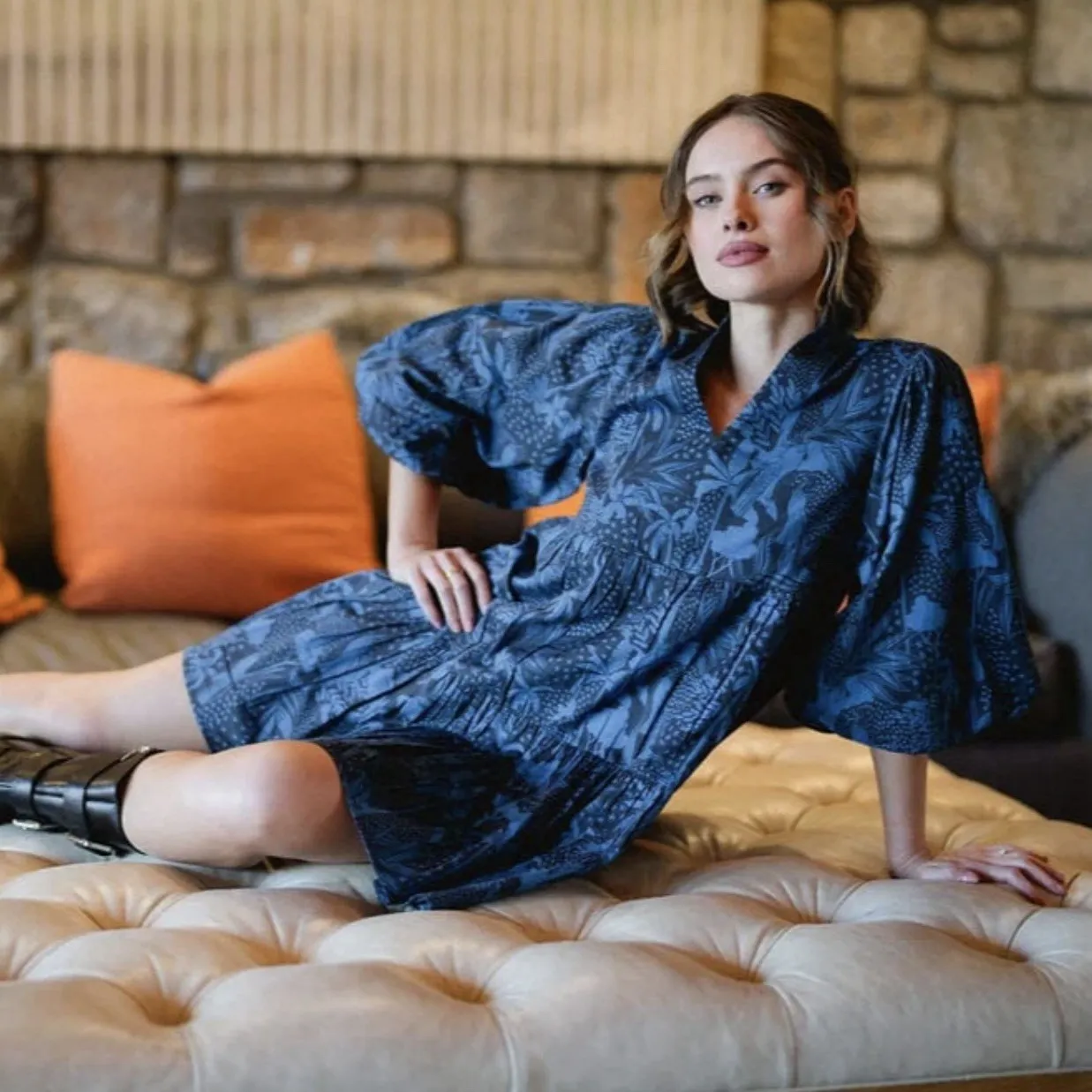 Briton Court Hattie Dress In Dutch Blue Balloon Puff‎ Sleeves Tropical Palm Sz M Size M - Image 3