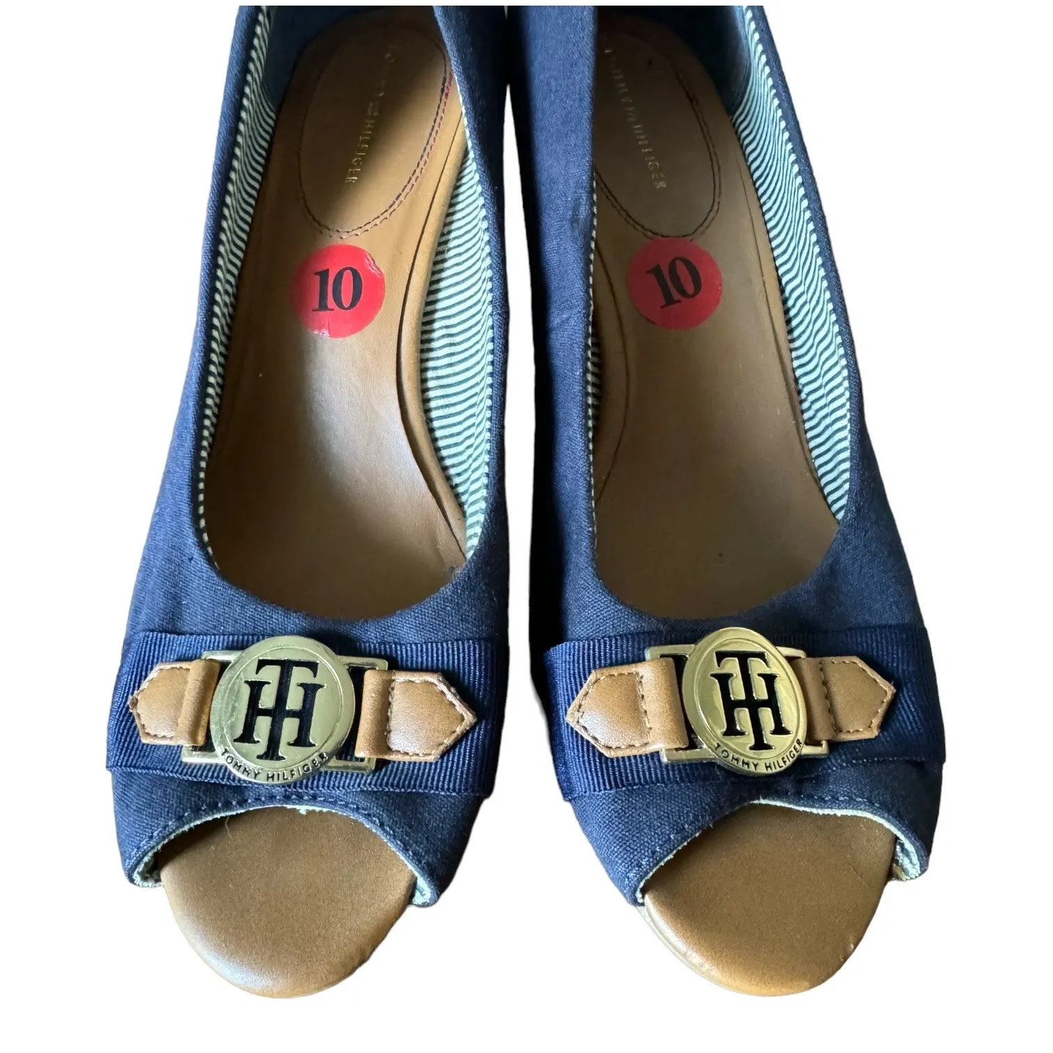 Tommy Hilfiger Navy peep toe wedges with gold accent summer preppy size 10 - Image 5