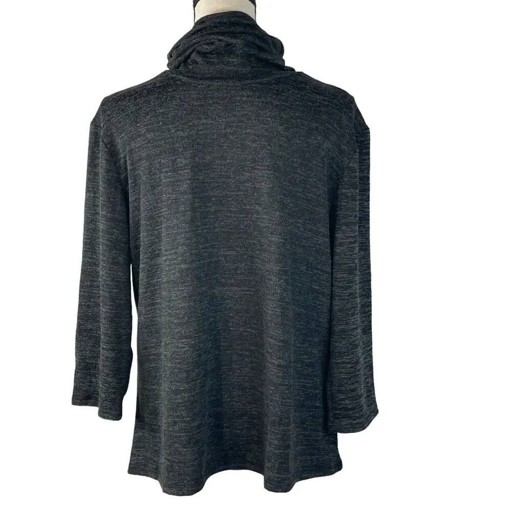 NY Collection 2X-Large Sweater Cowl Neck Face Covering 3/4 Sleeve Black Marled - Image 5