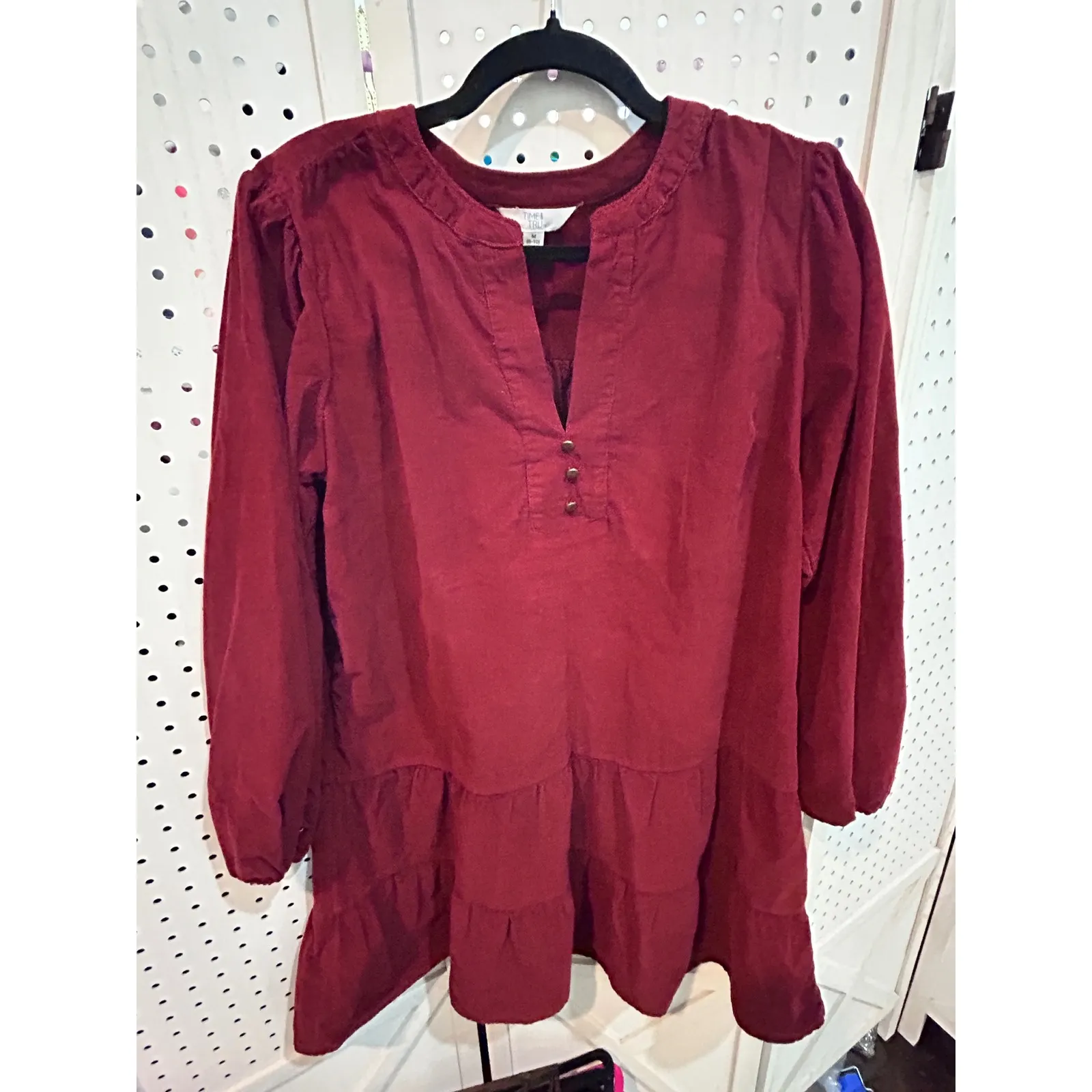 Time and Tru Burgundy Corduroy Tiered Ruffle V Neck Long Sleeve Tunic‎ Top M Red Size 8 - Image 2
