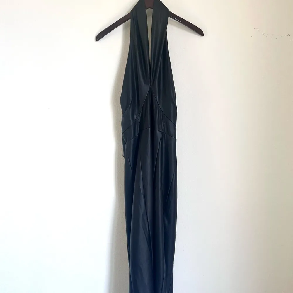 MILLY Women’s Raven Black Vegan Faux Leather Halter Neck Sz 6 Midi Dress BNWT - Image 6