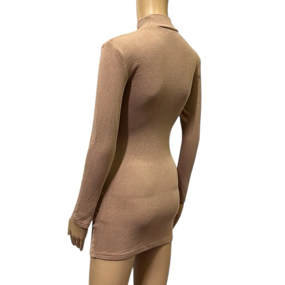 High Neck Tan Nude Ribbed Long Sleeve Micro Mini Shirt Dress Womens Small - Image 4
