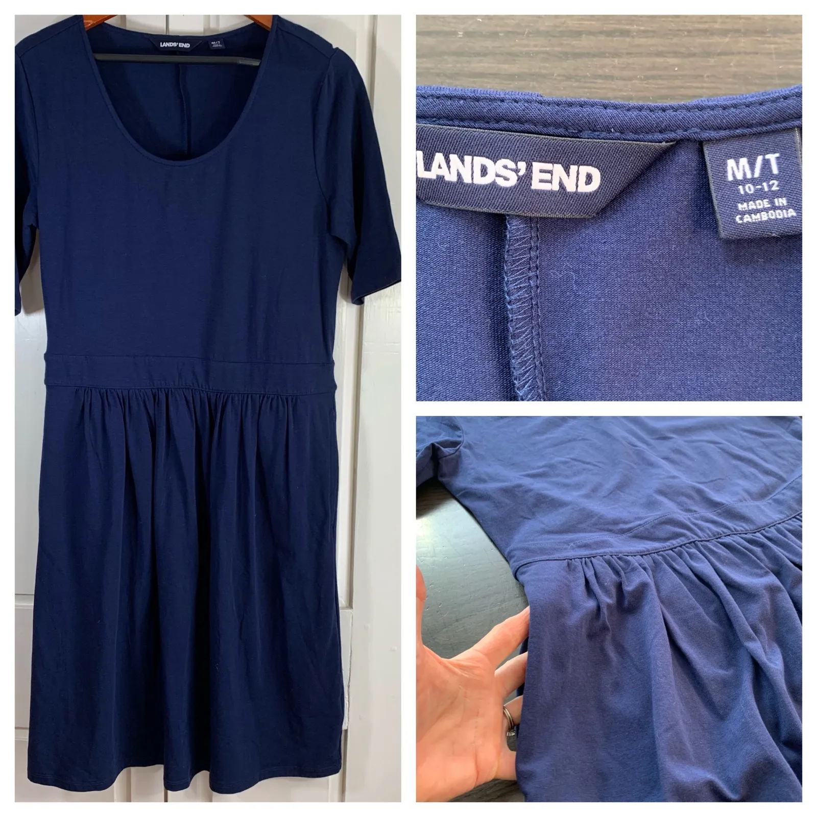 Minimalist Everyday Lands End Navy Blue Jersey Knit Fit & Flare Dress M/T 10-12 - Image 2