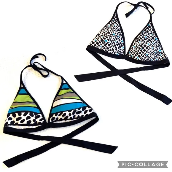 Reversible Triangle Bikini Top LARGE Multicolor Black Blue Green Stripe Animal - Image 2