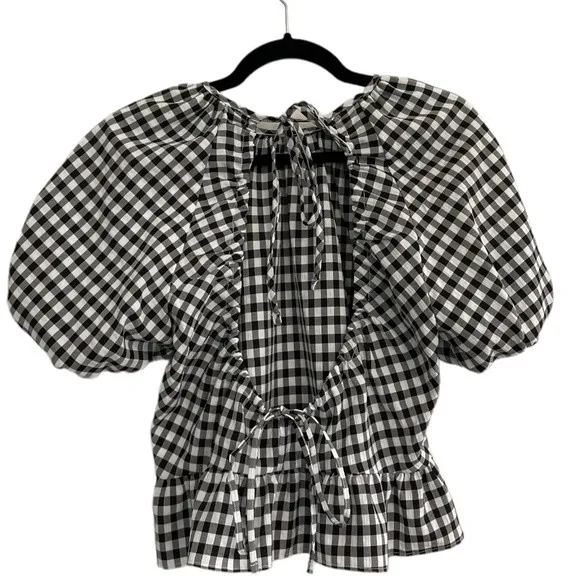 NWT TOPSHOP Gingham Plaid Puff Sleeve Top Blouse with Open‎ Back Size 2 - Image 5